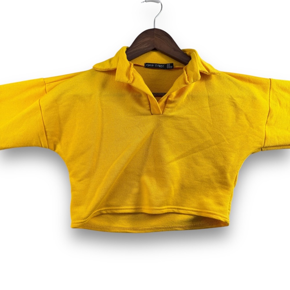 I Saw It First Women Yellow Cropped Long Sleeve Polo Collar Sweatshirt Size 4